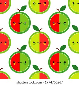 Apple. Seamless pattern with kawaii fruit on a white background. Cartoon. Cute drawing. Vector illustration for web design or print.