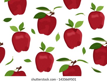 Apple seamless pattern with leaves on a white background. Red apples fruits vector illustration.