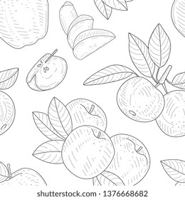 Apple Seamless Pattern, Monochrome Hand Drawn Branches and Apples Vector Illustration