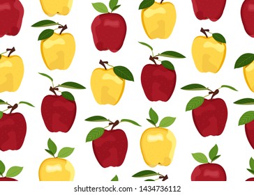Apple seamless pattern on white background. Red and Yellow apples fruits vector illustration.