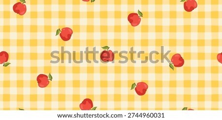 Apple seamless pattern on yellow gingham background. Cute vector horizontal border with red fruits for kitchen textiles, farmhouse decor, harvest festival stationery. Minimalist stylish naive doodle
