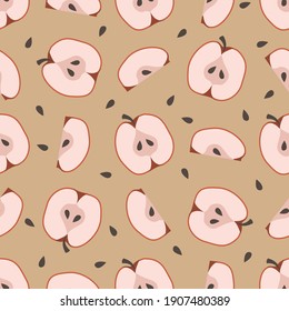Apple seamless pattern. Red apples halfs and apple seeds on beige background. Hand-drawing design for packaging, wrapping paper, fabric, textile.