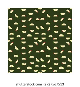 Modelo inconsútil de la manzana con las rebanadas rojas de la fruta en el fondo verde oscuro para el diseño textil y del Fondo de pantalla.