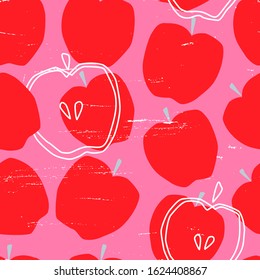 Apple seamless pattern in red and pink colors. Traditional fruit shape with thin white outline silhouette for summer fashion fabric or kitchen textile.