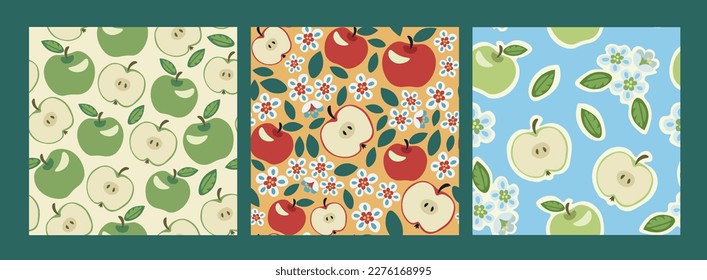 Apple Seamless Pattern set. Cute vector collection with apple elements, leaves, flowers, whole and half fruit for food and drink product packaging, kitchen textile design