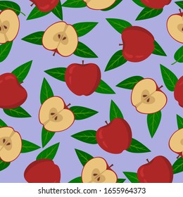 Apple seamless pattern. Summer vector background with red Apples and leaves on a violet background. For design of fabrics, packaging and wallpapers.