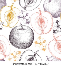 Apple seamless pattern. Vector background. Botanical drawing. 
Vintage apple fruits illustration.