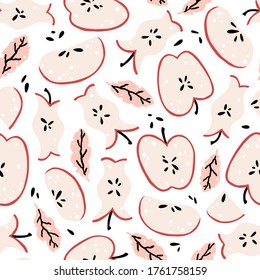 Apple seamless pattern. Vector illustration of fruit sliced in half, slices and apple core in simple childish cartoon hand-drawn style. Pastel palette perfect for baby clothes.