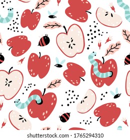 Apple Seamless pattern with worms, bees, fruits. Natural summer colorful background in simple cartoon hand-drawn style. Funny illustration.