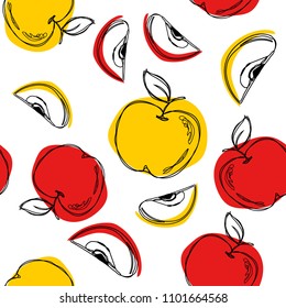 Apple seamless pattern. Yellow and red apple isolated on white background. Vector illustration.