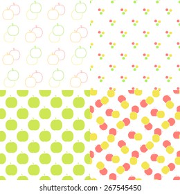 Apple seamless patterns set in modern clean and simple flat design. Apple background. Vector illustration.