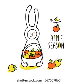 Apple season. Happy autumn greeting card. Apple harvest season. Bunny rabbit holds basket of apples on white background. Cute hand drawn animal character design and graphic elements for kids. 