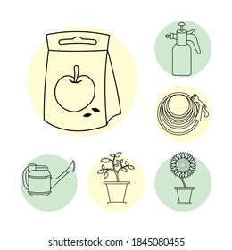apple seed bag and gardening line style icons vector illustration design