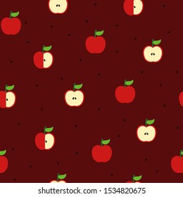 Apple and seed seamless pattern on wine red background. Cute aple pattern. Perfect for wallpaper, background, wrapping paper, fabric, packaging, greeting cards, invitations and more.