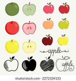Apple set. Apples of different colors, sizes and textures. Elements for design.