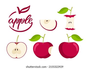 Apple set. Flat icon red Apple fruit with leaf, bitten, cut, core, label. Farmer Market Logo. Organic food eco template for menu, apple jam and juice label, tea banner, apple product, website, banner.