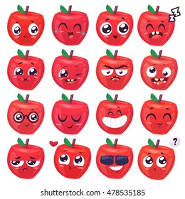 Apple set of funny smiles. Fruit and food collection. Vector cartoon illustration. Cute stylish characters.