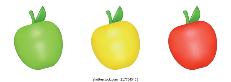 Apple Set Isolated On White Background. Vector 3d Emoji Fruit Set. Green, Yellow And Red Apple