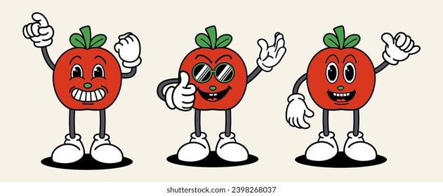 Mascota de Apple de los años 70 groovy. Colección de caricaturas, retro, personajes groovys. Ilustración vectorial.