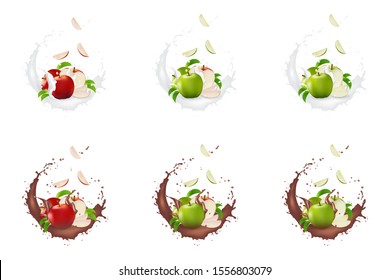 Apple Set. Realistic 3d apples. Detailed 3d Illustration Isolated On White. Design Element For Web Or Print Packaging.  Juice milk splash with drops. Vector Illustration. EPS10