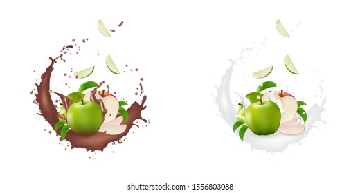 Apple Set. Realistic 3d apples. Detailed 3d Illustration Isolated On White. Design Element For Web Or Print Packaging.  Juice milk splash with drops. Vector Illustration. EPS10