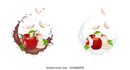 Apple Set. Realistic 3d apples. Detailed 3d Illustration Isolated On White. Design Element For Web Or Print Packaging.  Juice milk splash with drops. Vector Illustration. EPS10