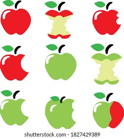 Apple. A set of red, green, bite-sized fruits with leaves and more.