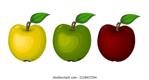 Apple. A set of three pieces of yellow, green, red apples on a white background. Close-up. Graphics. Vector.