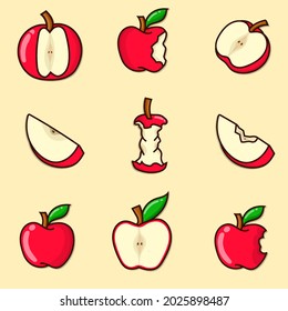 Apple set vector illustration. red apples with outline. sliced and bitten apple collection