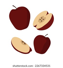 Apple set. Whole and half cut Apples isolated on white background. Vector cartoon illustration. Fresh red Fruits, Vegetarian, vegan Healthy organic food