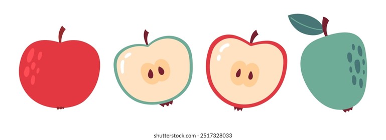 Conjunto de Apple. Manzanas enteras, medio rojas y verdes jugosas. Comida orgánica vegetariana. Ilustración vectorial plana aislada sobre fondo blanco 