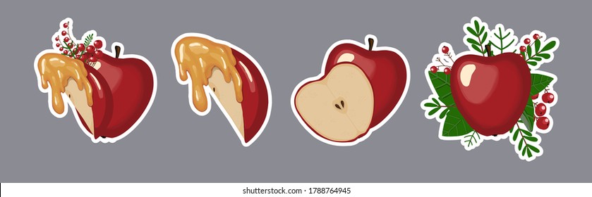 Apple set. Whole red apple, apple slice, honey, leaves, twigs and flowers. FRUIT STICKERS for the Jewish New Year. HARVEST. Thanksgiving Day.