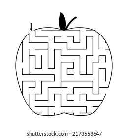 Apple shape maze game. Find a way out of the labyrinth. Educational printable worksheet. Healthy food. Puzzle for kids. Black and white vector illustration.