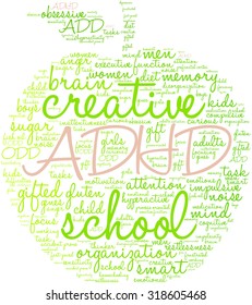 Apple Shaped ADHD Word Cloud On a White Background. 