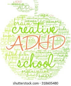 Apple Shaped ADHD Word Cloud On a White Background. 