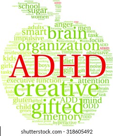 Apple Shaped ADHD Word Cloud On a White Background. 