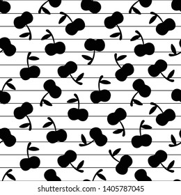 apple shapes, black, on black horizontal lines with white background. Vector seamless pattern.