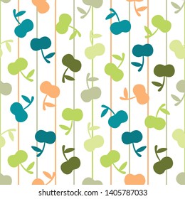 Apple shapes, colorful, shades of green colors, blue colors, orange color on colorful vertical lines and white background. Vector seemless pattern.