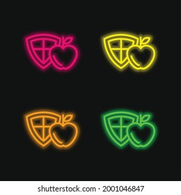 Apple And A Shield four color glowing neon vector icon