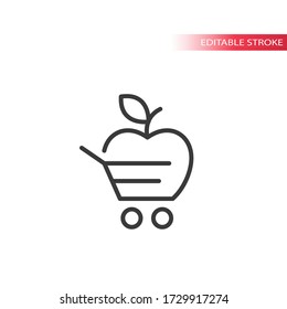 Apple shopping cart vector logo icon. Eco, bio shop for natural food or store brand design. Thin line, editable stroke.