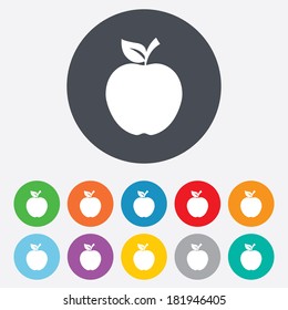 Apple sign icon. Fruit with leaf symbol. Round colourful 11 buttons. Vector
