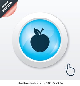 Apple sign icon. Fruit with leaf symbol. Blue shiny button. Modern UI website button with hand cursor pointer. Vector