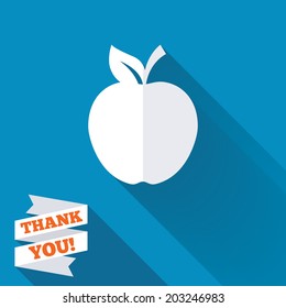 Apple sign icon. Fruit with leaf symbol. White flat icon with long shadow. Paper ribbon label with Thank you text. Vector