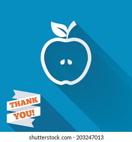 Apple sign icon. Fruit with leaf symbol. White flat icon with long shadow. Paper ribbon label with Thank you text. Vector