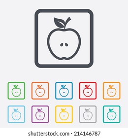 Apple sign icon. Fruit with leaf symbol. Round squares buttons with frame. Vector