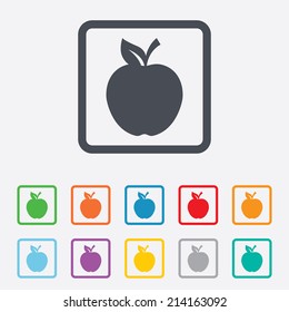 Apple sign icon. Fruit with leaf symbol. Round squares buttons with frame. Vector
