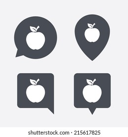 Apple sign icon. Fruit with leaf symbol. Map pointers information buttons. Speech bubbles with icons. Vector