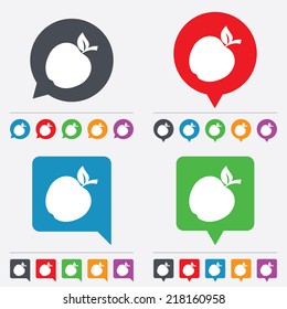 Apple sign icon. Fruit with leaf symbol. Speech bubbles information icons. 24 colored buttons. Vector