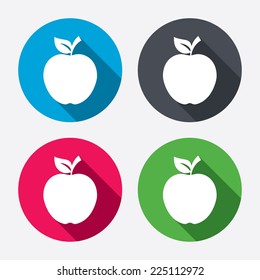 Apple sign icon. Fruit with leaf symbol. Circle buttons with long shadow. 4 icons set. Vector
