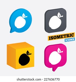 Apple sign icon. Fruit with leaf symbol. Isometric speech bubbles and cube. Rotated icons with edges. Vector